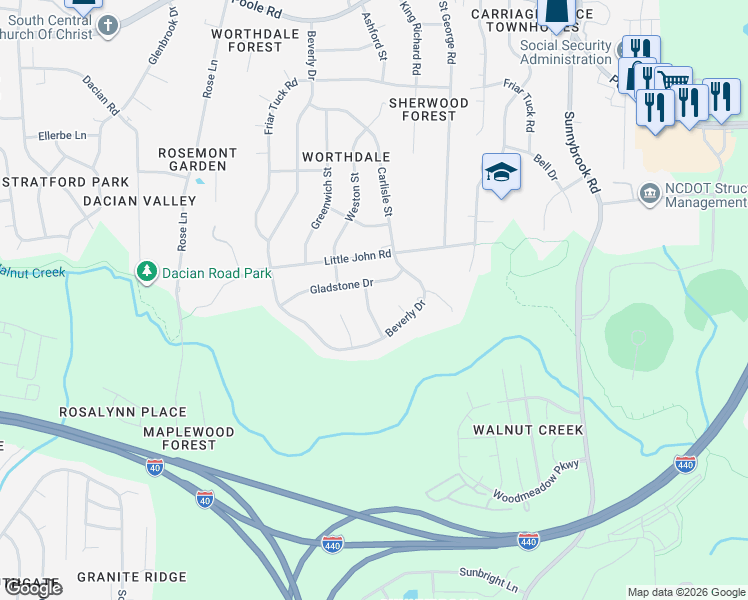 map of restaurants, bars, coffee shops, grocery stores, and more near 1208 Bentley Lane in Raleigh