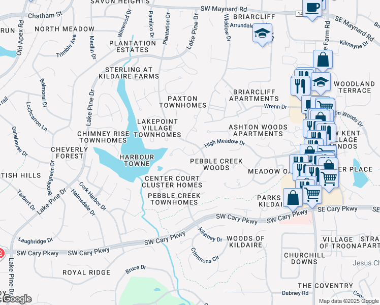 map of restaurants, bars, coffee shops, grocery stores, and more near 101 Fifer Court in Cary