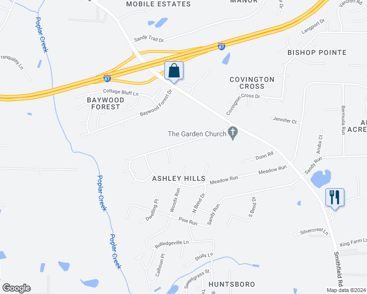 map of restaurants, bars, coffee shops, grocery stores, and more near 5412 Walton Hill Road in Knightdale