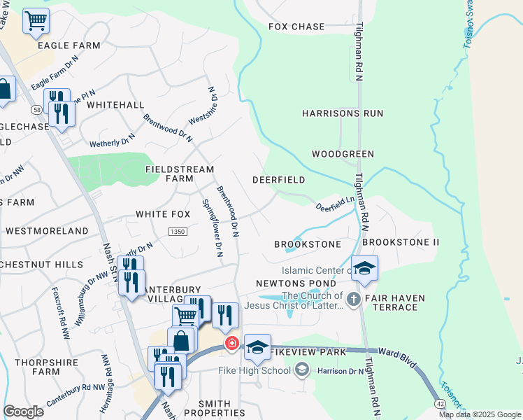 map of restaurants, bars, coffee shops, grocery stores, and more near 2905 Bennington Place North in Wilson