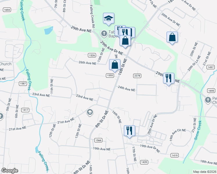 map of restaurants, bars, coffee shops, grocery stores, and more near 1530 23rd Avenue Place Northeast in Hickory