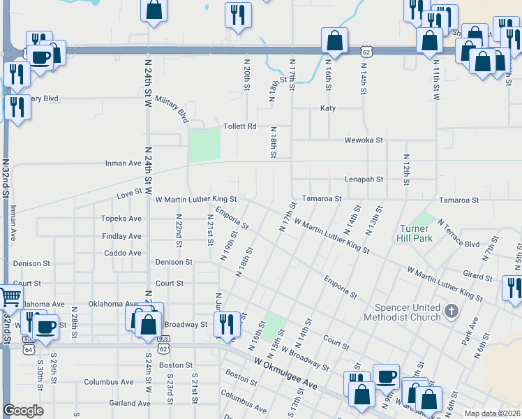 map of restaurants, bars, coffee shops, grocery stores, and more near 533 North 18th Street in Muskogee