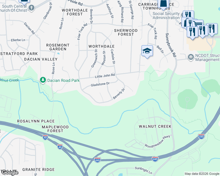 map of restaurants, bars, coffee shops, grocery stores, and more near 1208 Bentley Lane in Raleigh