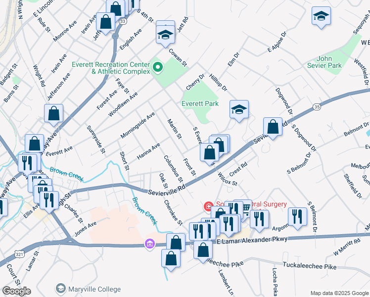 map of restaurants, bars, coffee shops, grocery stores, and more near 717 Front Street in Maryville