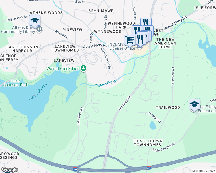 map of restaurants, bars, coffee shops, grocery stores, and more near 1440 Collegiate Circle in Raleigh