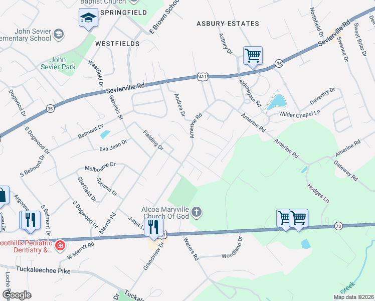 map of restaurants, bars, coffee shops, grocery stores, and more near 800 Ironwood Circle in Maryville