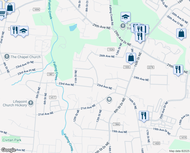 map of restaurants, bars, coffee shops, grocery stores, and more near 2319 13th Street Drive Northeast in Hickory