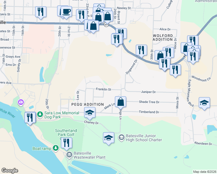 map of restaurants, bars, coffee shops, grocery stores, and more near 1505 Chadwick Drive in Batesville