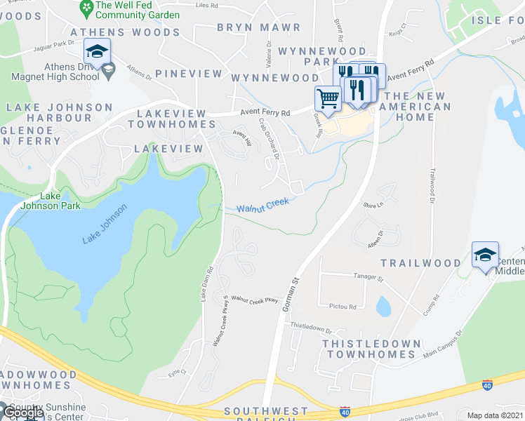 map of restaurants, bars, coffee shops, grocery stores, and more near 1420 Collegiate Circle in Raleigh