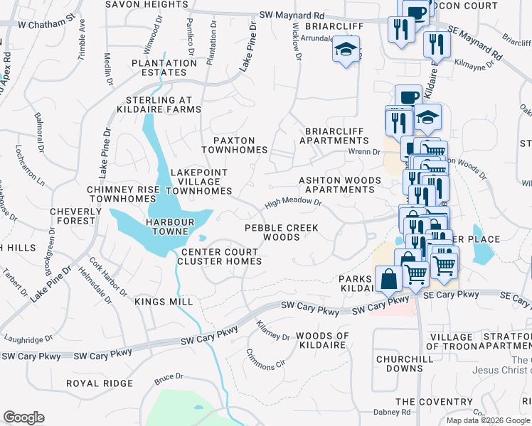 map of restaurants, bars, coffee shops, grocery stores, and more near 101 Flora McDonald Lane in Cary