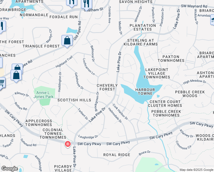 map of restaurants, bars, coffee shops, grocery stores, and more near 116 Tapestry Terrace in Cary