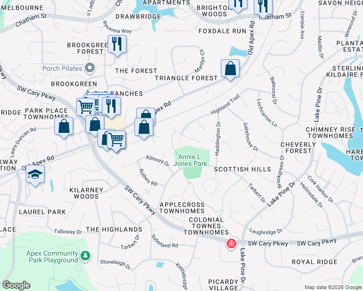 map of restaurants, bars, coffee shops, grocery stores, and more near 1416 Tarbert Drive in Cary