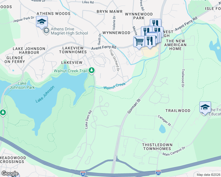 map of restaurants, bars, coffee shops, grocery stores, and more near 1420 Collegiate Circle in Raleigh