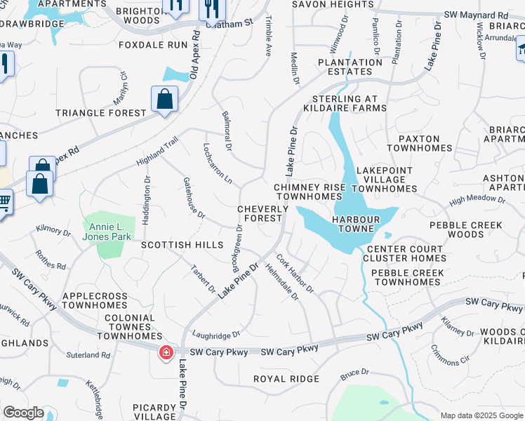 map of restaurants, bars, coffee shops, grocery stores, and more near 116 Tapestry Terrace in Cary
