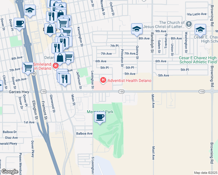 map of restaurants, bars, coffee shops, grocery stores, and more near 1401A Garces Highway in Delano