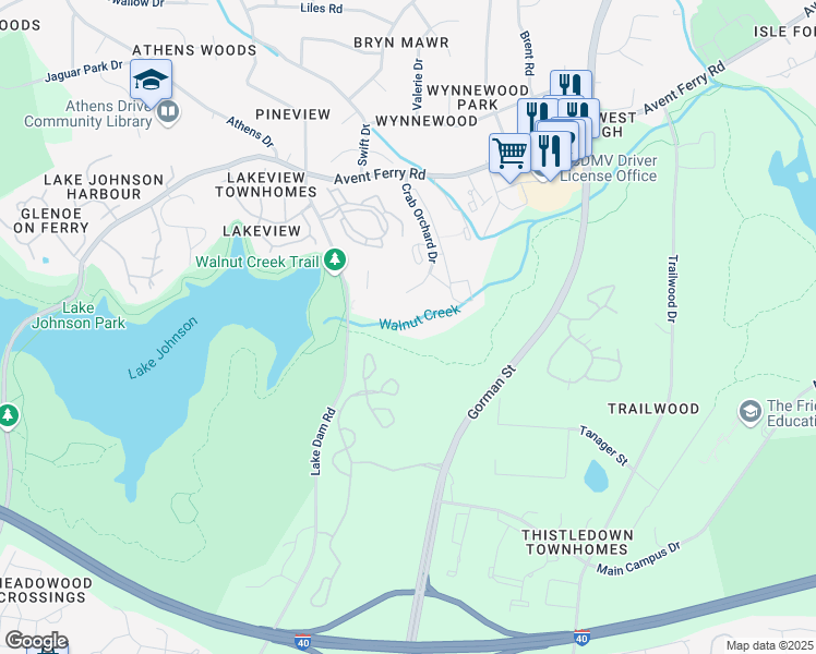 map of restaurants, bars, coffee shops, grocery stores, and more near 1420 Collegiate Circle in Raleigh