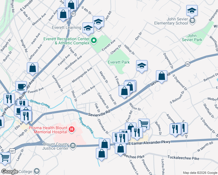 map of restaurants, bars, coffee shops, grocery stores, and more near 717 Front Street in Maryville