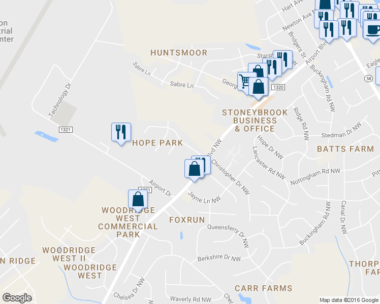 map of restaurants, bars, coffee shops, grocery stores, and more near 3609 Chase Road Northwest in Wilson