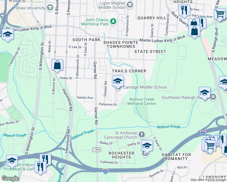 map of restaurants, bars, coffee shops, grocery stores, and more near 1434 Carnage Drive in Raleigh