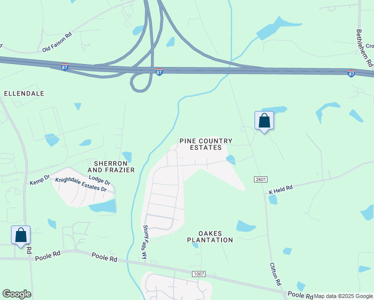 map of restaurants, bars, coffee shops, grocery stores, and more near 119 Pine Country Ln in Knightdale