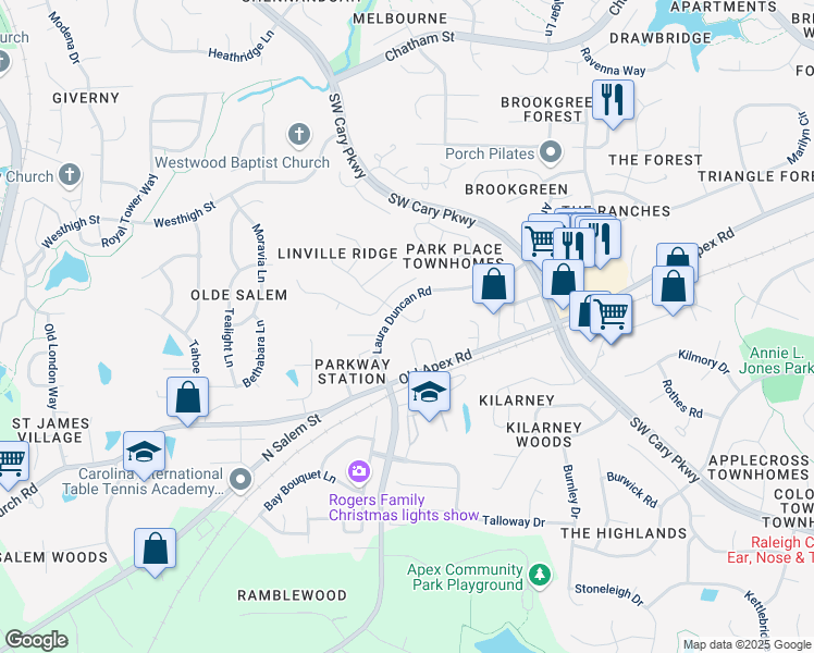 map of restaurants, bars, coffee shops, grocery stores, and more near 104 Carostone Court in Cary