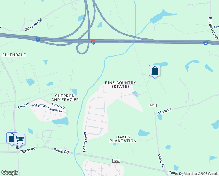 map of restaurants, bars, coffee shops, grocery stores, and more near 119 Pine Country Ln in Knightdale