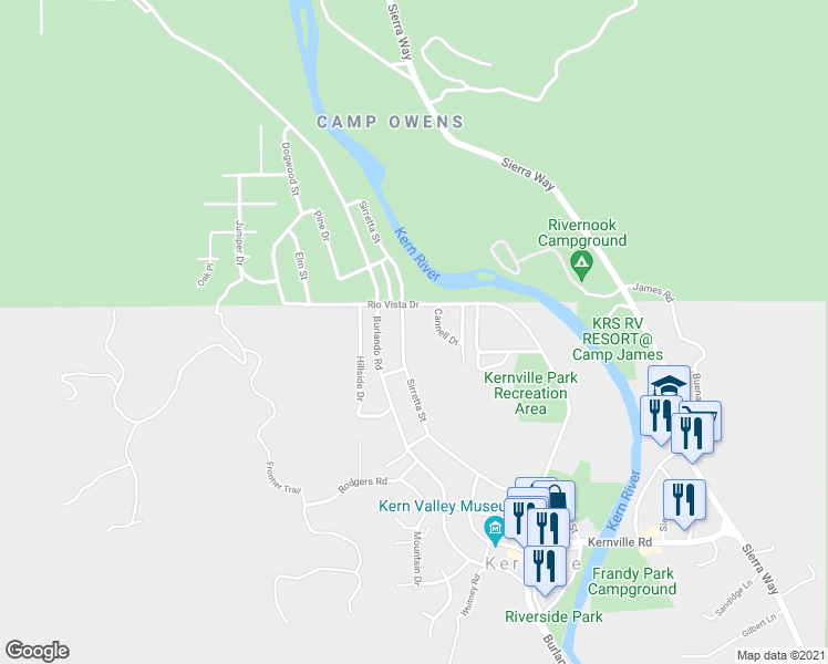 map of restaurants, bars, coffee shops, grocery stores, and more near 452 Sirretta Street in Kernville