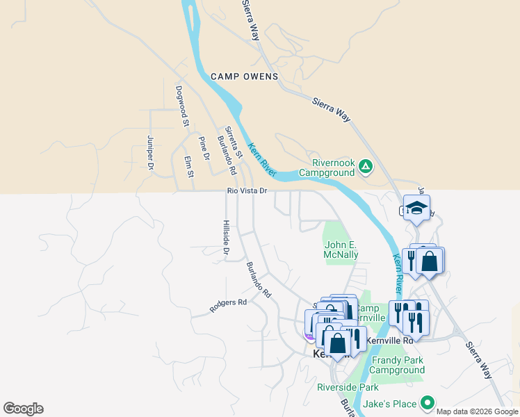 map of restaurants, bars, coffee shops, grocery stores, and more near 452 Sirretta Street in Kernville