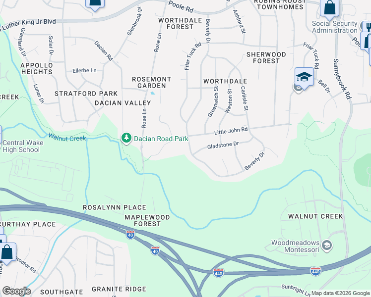 map of restaurants, bars, coffee shops, grocery stores, and more near 1112 Beverly Drive in Raleigh