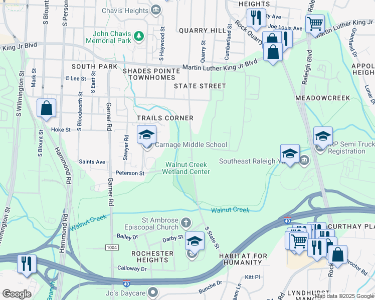 map of restaurants, bars, coffee shops, grocery stores, and more near 1005 Peterson Street in Raleigh