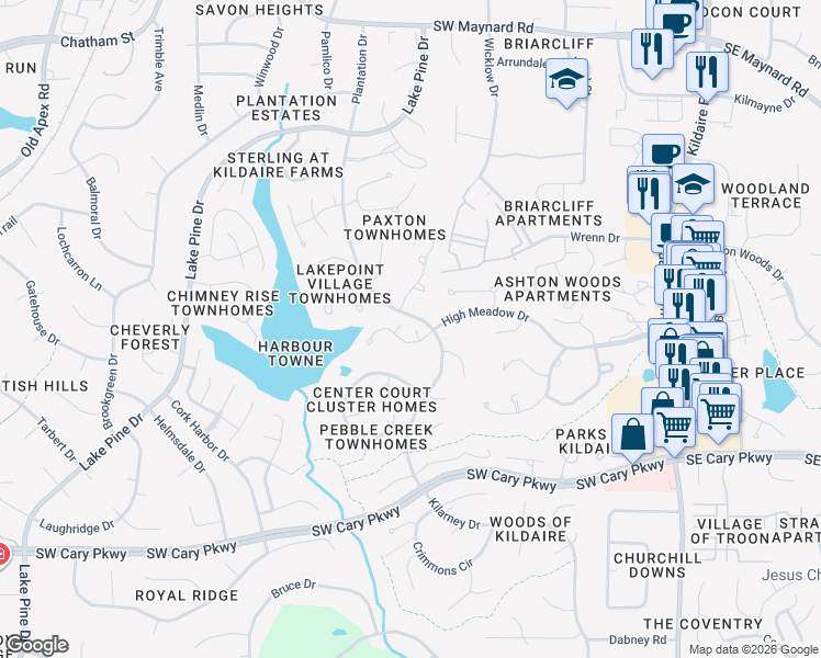 map of restaurants, bars, coffee shops, grocery stores, and more near 101 Fifer Court in Cary