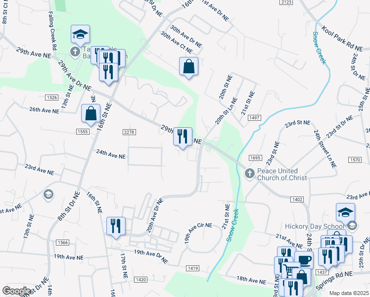 map of restaurants, bars, coffee shops, grocery stores, and more near 1941 20th Avenue Drive Northeast in Hickory