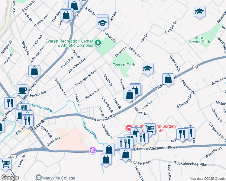 map of restaurants, bars, coffee shops, grocery stores, and more near 717 Front Street in Maryville