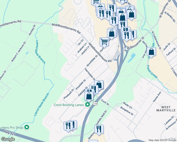 map of restaurants, bars, coffee shops, grocery stores, and more near 132 Pinedale Street in Maryville