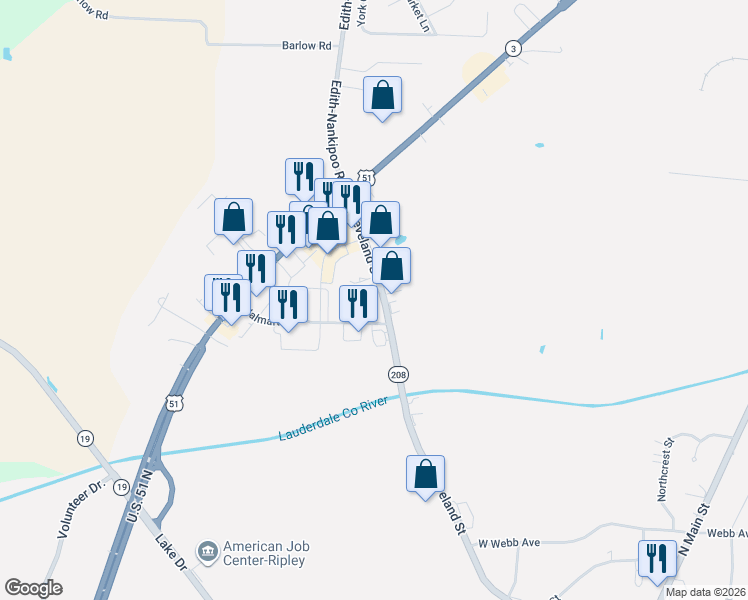 map of restaurants, bars, coffee shops, grocery stores, and more near 316 Cleveland Street in Ripley