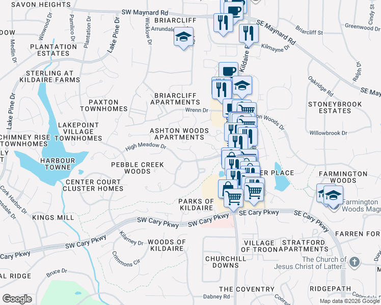 map of restaurants, bars, coffee shops, grocery stores, and more near 101 Allison Way in Cary