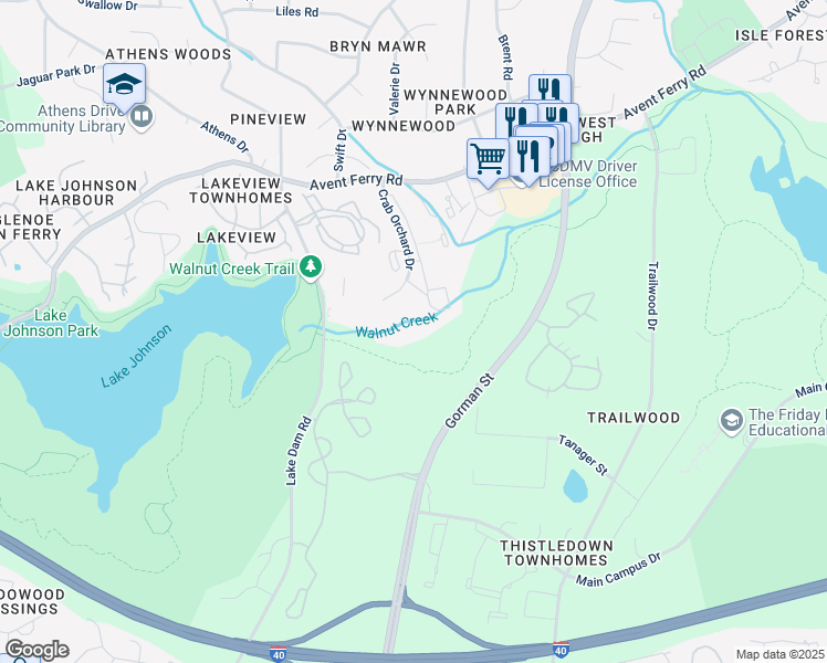 map of restaurants, bars, coffee shops, grocery stores, and more near 1441 Collegiate Circle in Raleigh