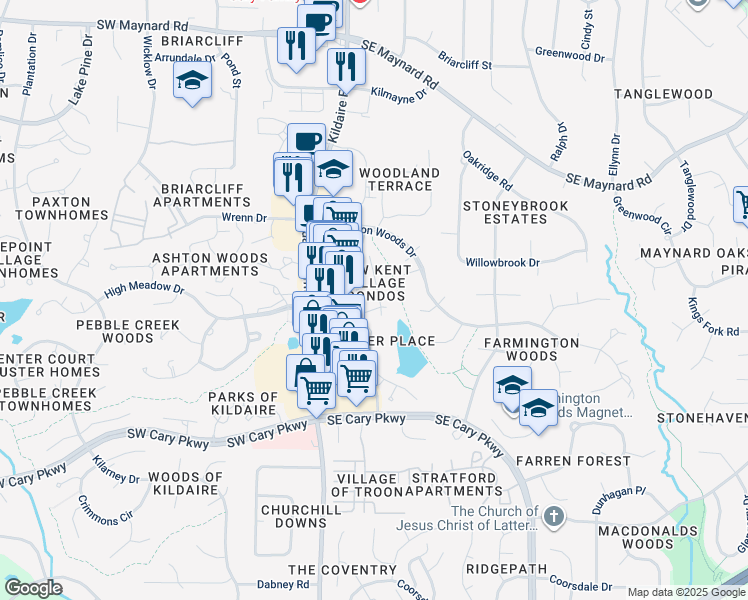 map of restaurants, bars, coffee shops, grocery stores, and more near 921 New Kent Place in Cary