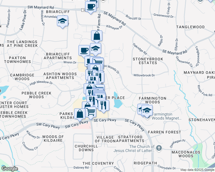 map of restaurants, bars, coffee shops, grocery stores, and more near 921 New Kent Place in Cary