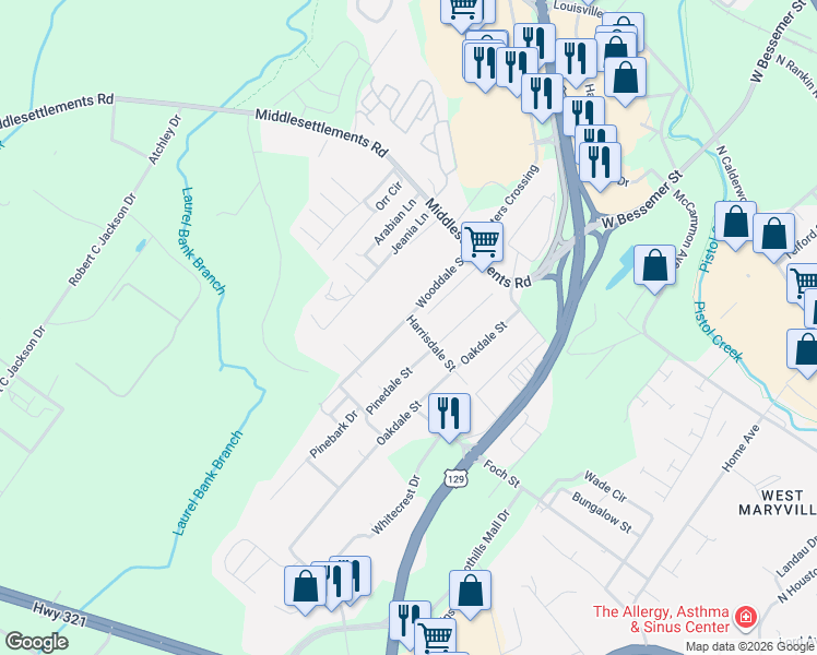 map of restaurants, bars, coffee shops, grocery stores, and more near 210 Wooddale Street in Maryville