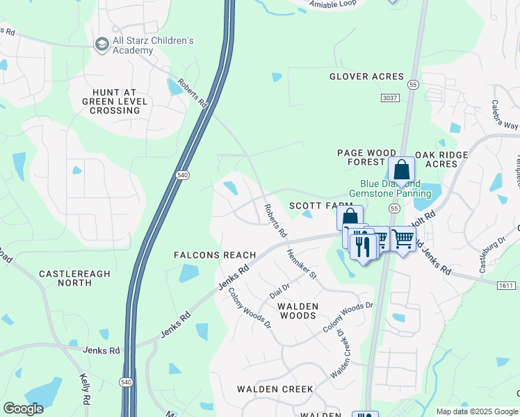 map of restaurants, bars, coffee shops, grocery stores, and more near 471 Clark Creek Lane in Apex
