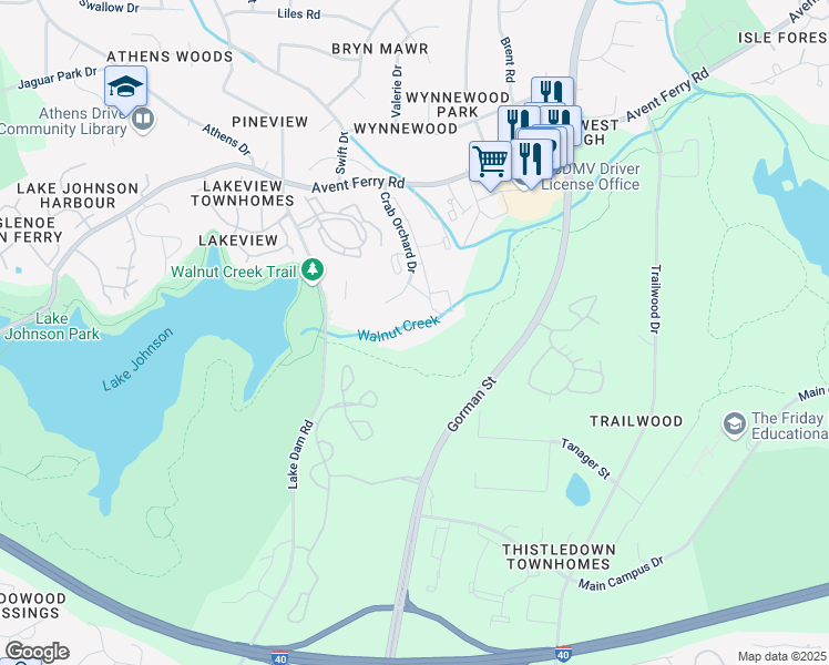 map of restaurants, bars, coffee shops, grocery stores, and more near 1441 Collegiate Circle in Raleigh