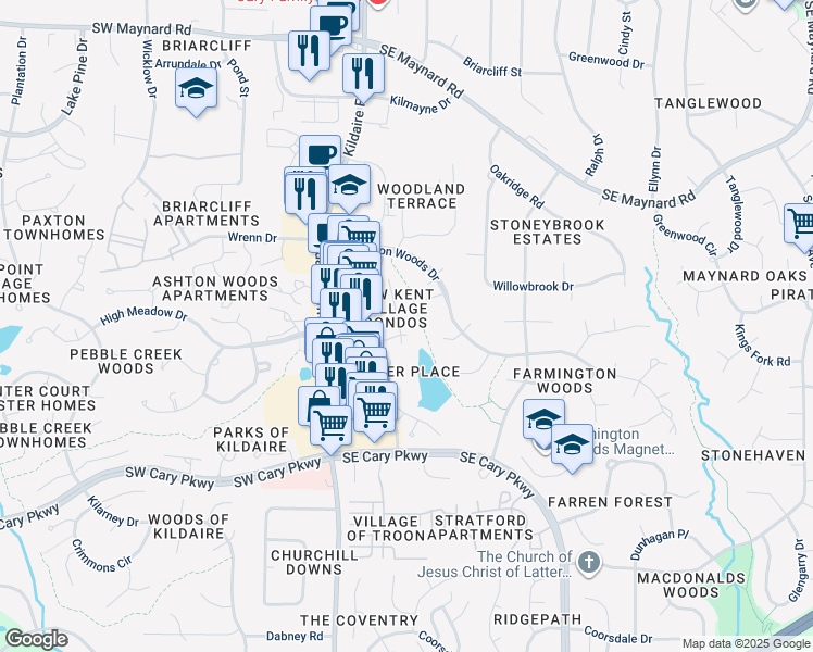 map of restaurants, bars, coffee shops, grocery stores, and more near 614 New Kent Place in Cary