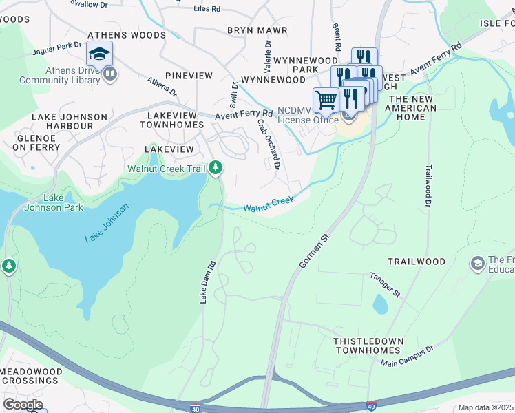 map of restaurants, bars, coffee shops, grocery stores, and more near 1410 Collegiate Circle in Raleigh