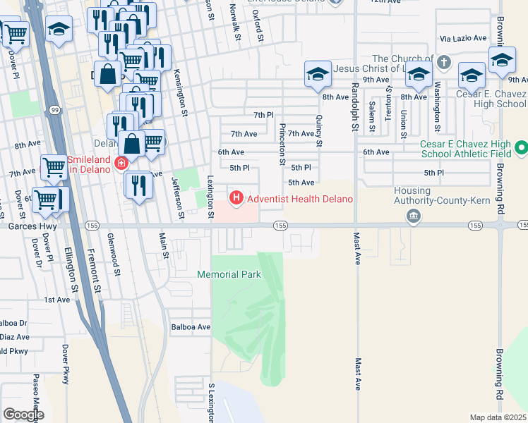 map of restaurants, bars, coffee shops, grocery stores, and more near 1401A Garces Highway in Delano