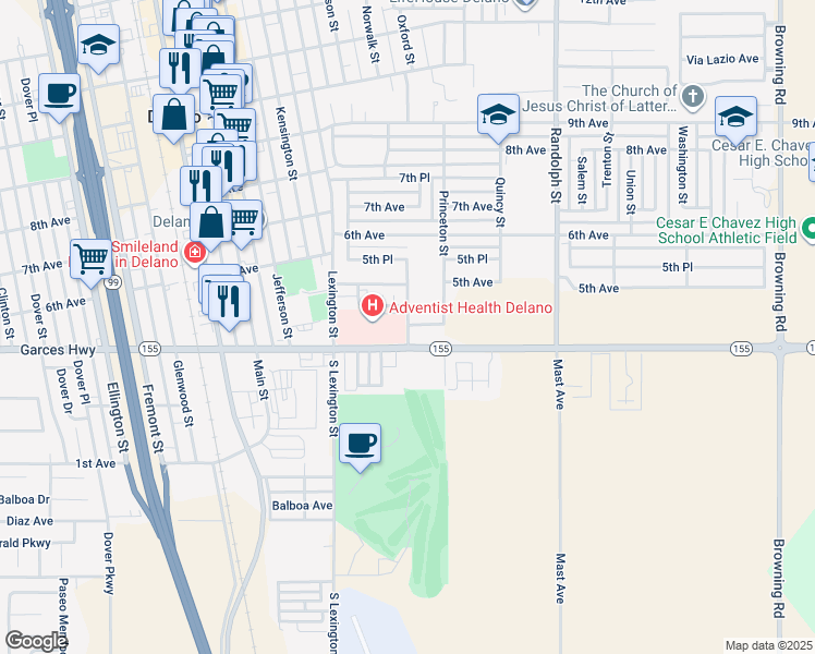 map of restaurants, bars, coffee shops, grocery stores, and more near 1401A Garces Highway in Delano