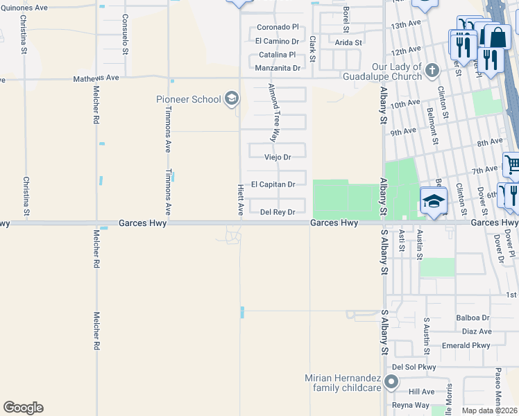 map of restaurants, bars, coffee shops, grocery stores, and more near 422 Del Rey Drive in Delano