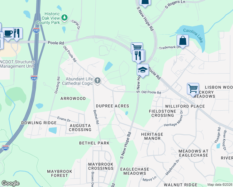 map of restaurants, bars, coffee shops, grocery stores, and more near 4608 Old Poole Road in Raleigh
