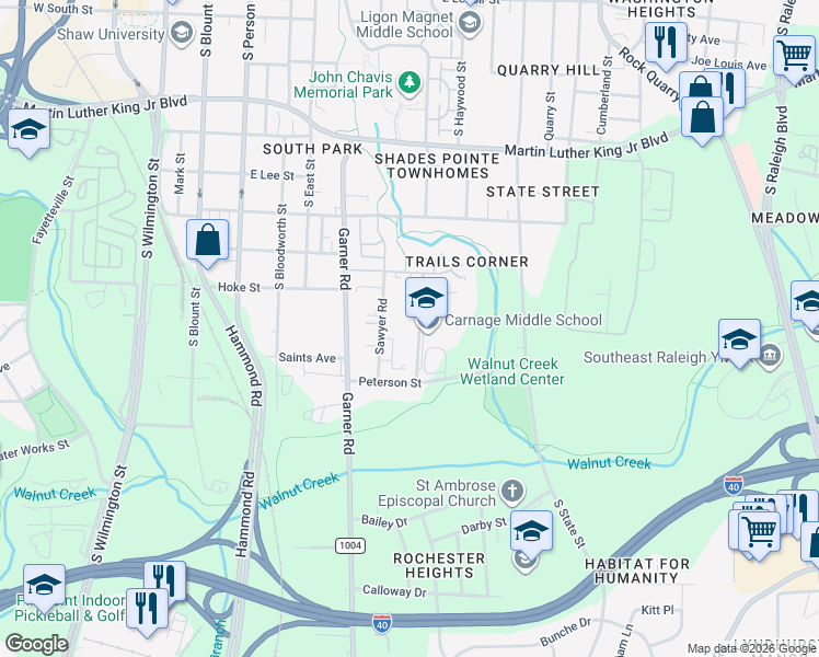 map of restaurants, bars, coffee shops, grocery stores, and more near 1434 Carnage Drive in Raleigh