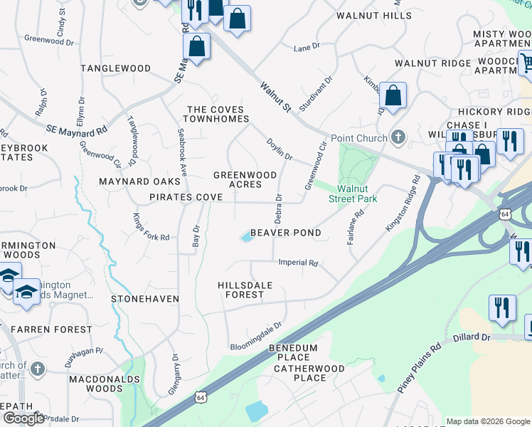 map of restaurants, bars, coffee shops, grocery stores, and more near in Cary